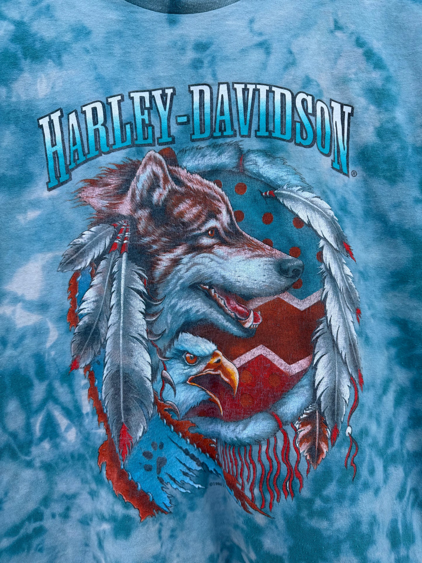 1996 Harley Native American Wolf Bleach Dye Tee - L