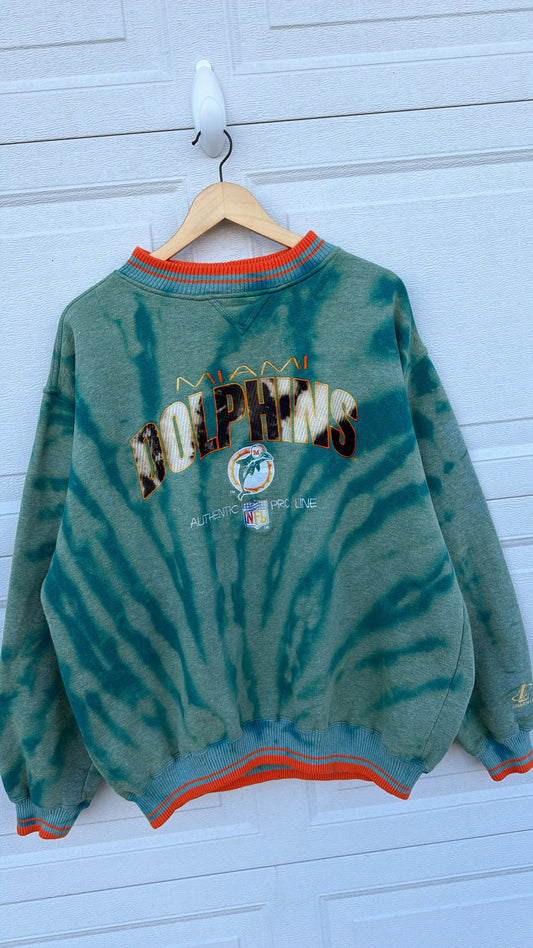 90s Dolphins Embroidered Bleach Dye Crewneck - XL