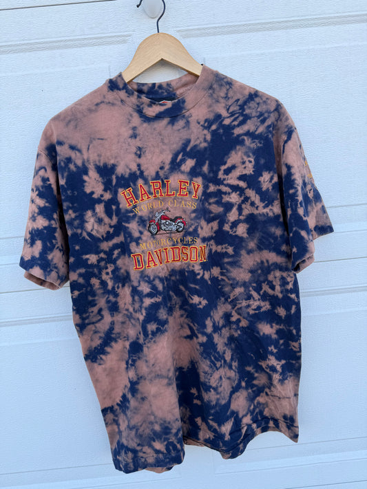 90s Harley Embroidered Bleach Dye Tee - L (Oversized)