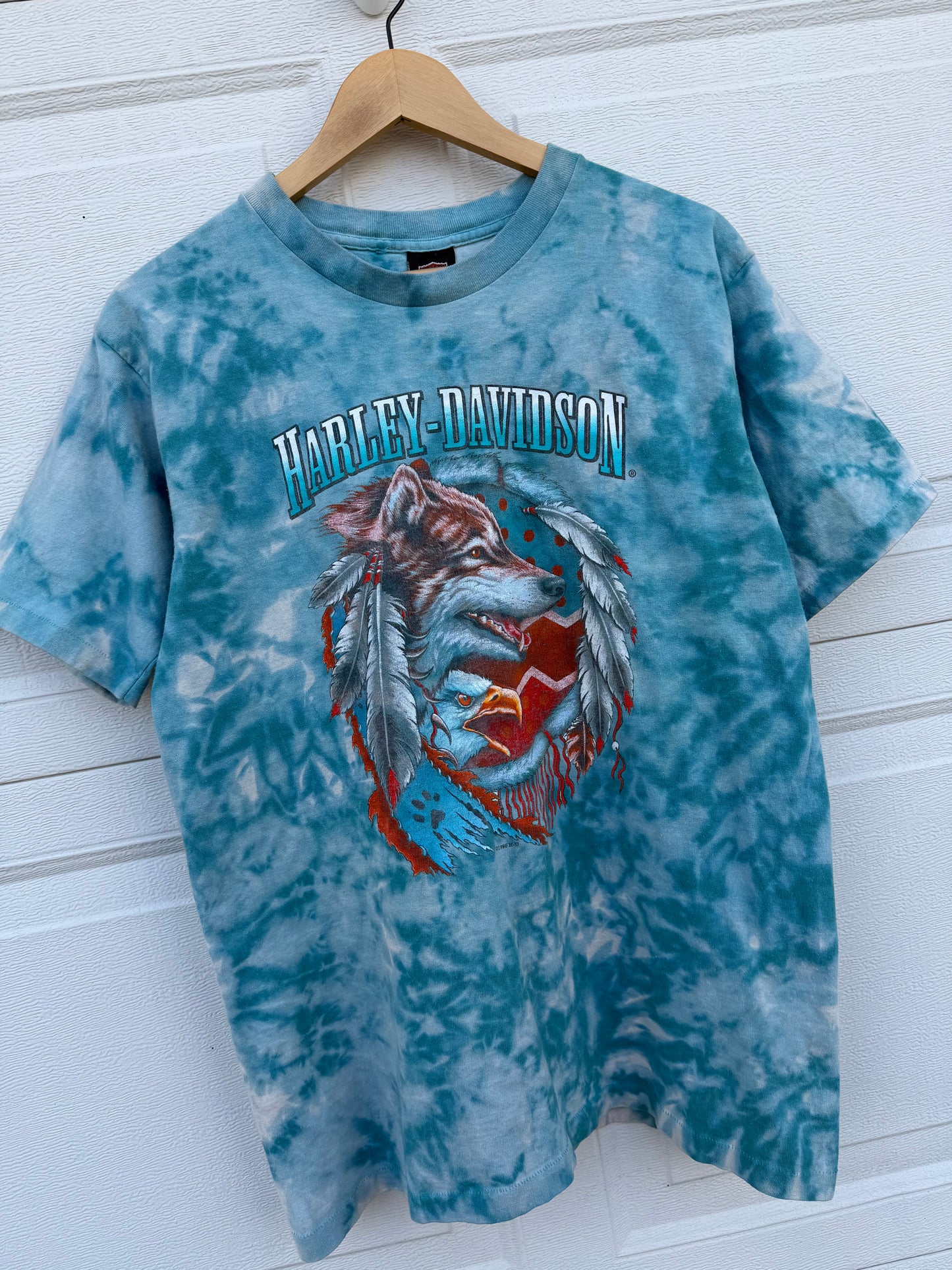 1996 Harley Native American Wolf Bleach Dye Tee - L
