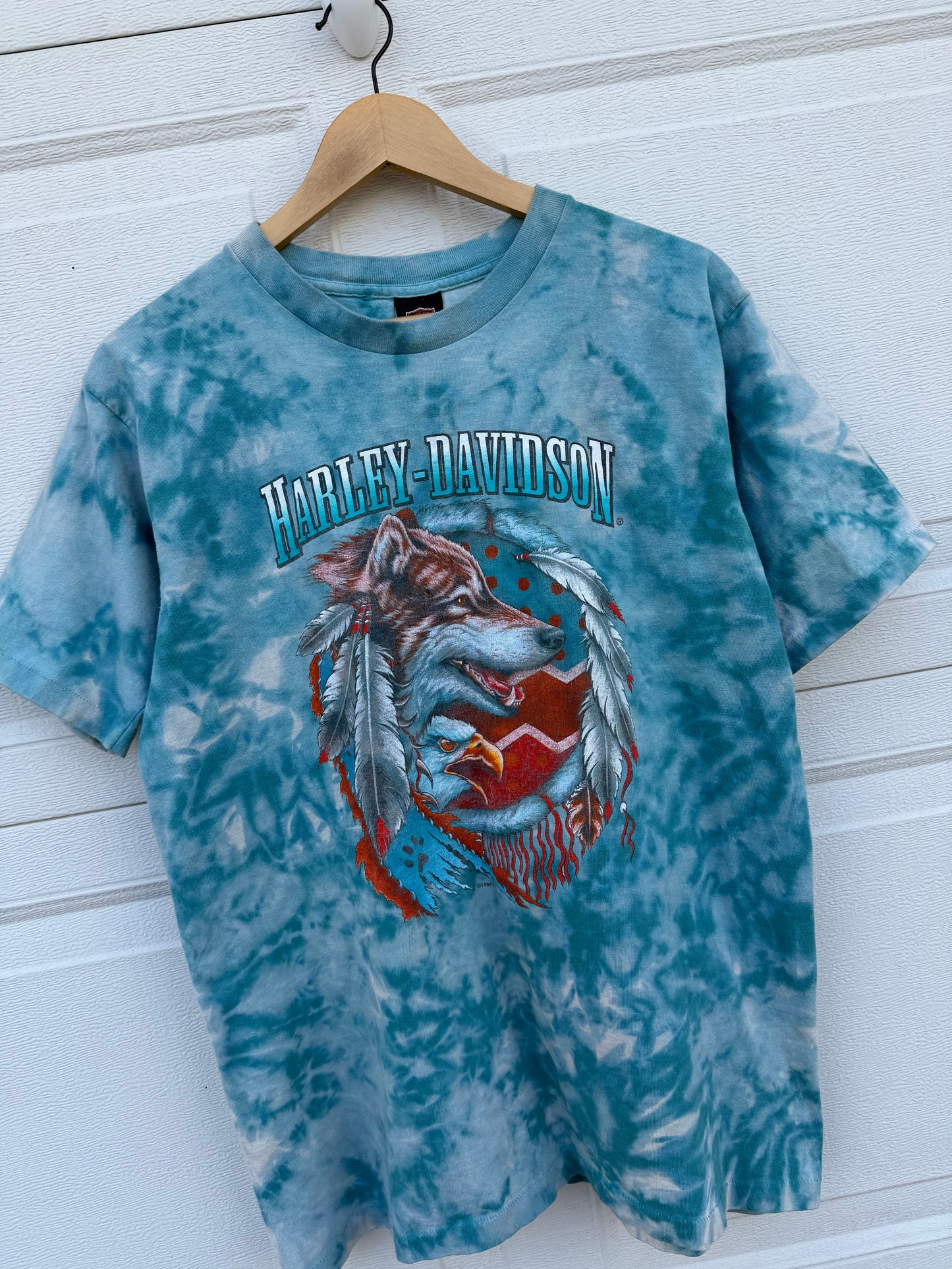 1996 Harley Native American Wolf Bleach Dye Tee - L
