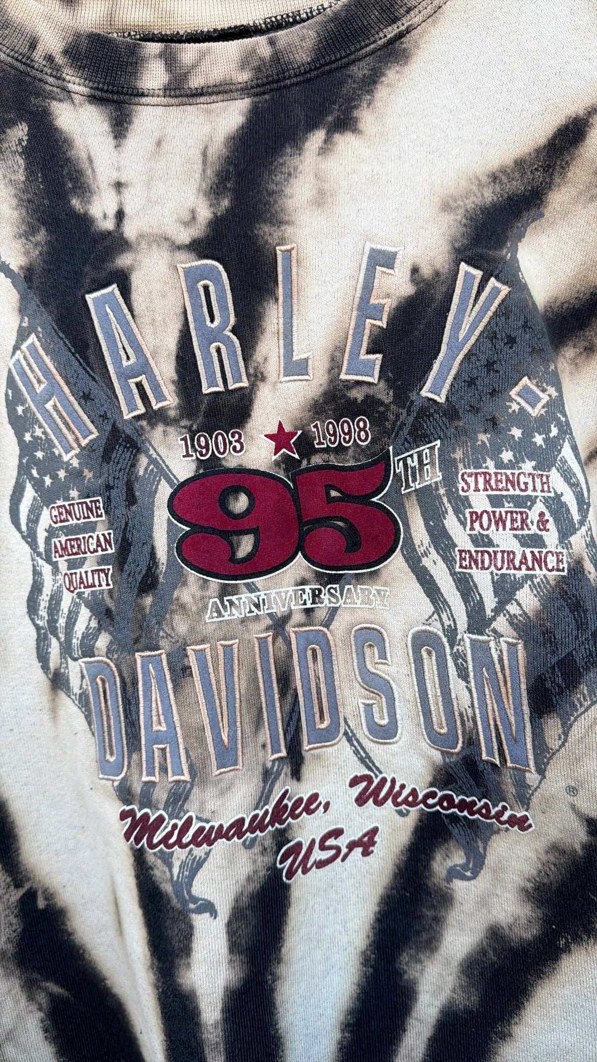 1998 Harley 95 Years Embroidered Bleach Dye Crewneck - XL
