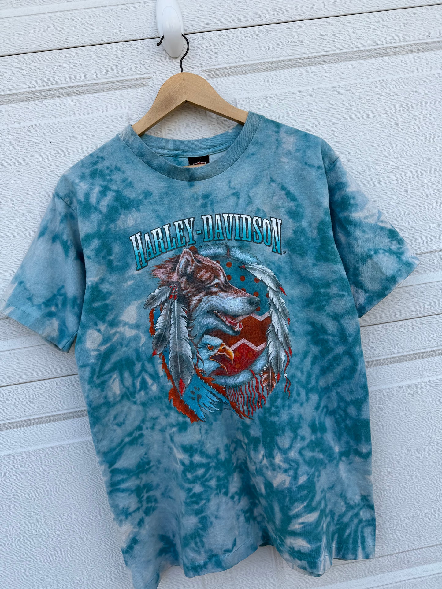 1996 Harley Native American Wolf Bleach Dye Tee - L
