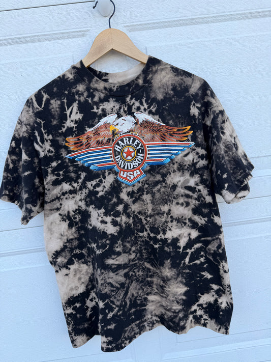90s Harley Eagle Bleach Dye Tee - L